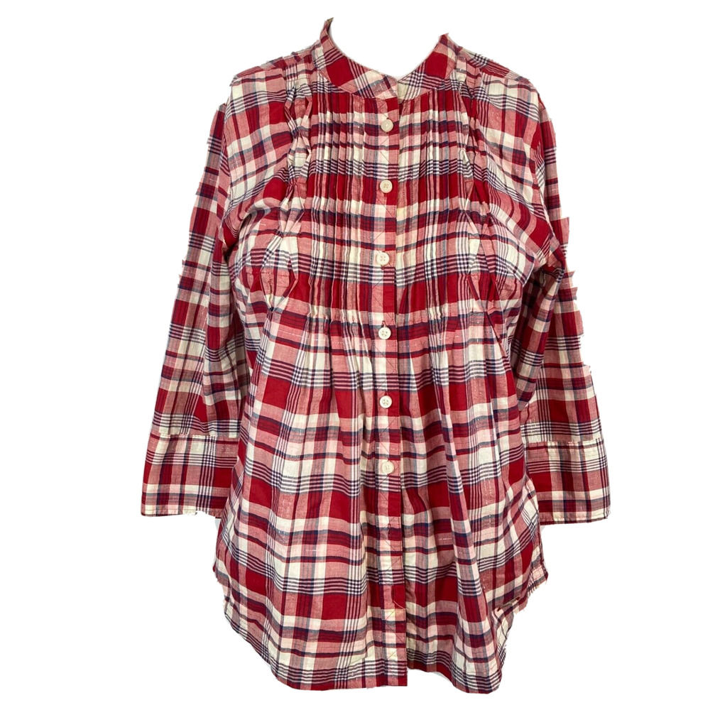Guess Shirt Womens Sz XS Red Beige Plaid Long Sleeve Button Tie Waist Top